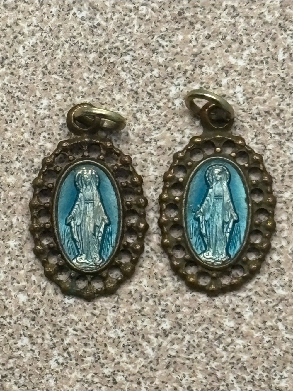 Vintage Blue Enamel Virgin Mary Medal Pendant Pair - Women Jewelry